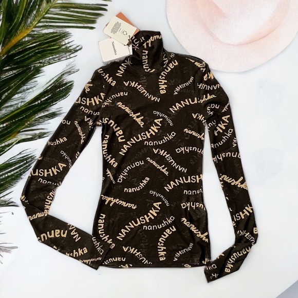 NANUSHKA HARRI STRETCH MESH JERSEY TOP IN BROWN PRINTED LOGO S SMALL - Picture 1 of 8